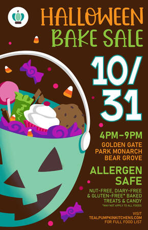 A digital poster for a Halloween bake sale event. On the right side of the poster is a teal pumpkin-shaped trick-or-treat bag filled with candies and baked treats.