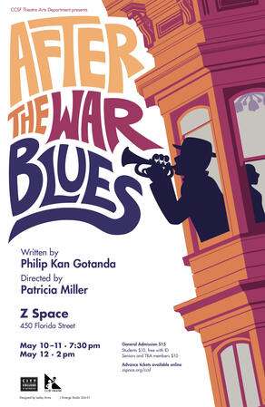 Orange and pink vector artwork of a silhouette of a man playing the trumpet while leaning out of a Victorian home.