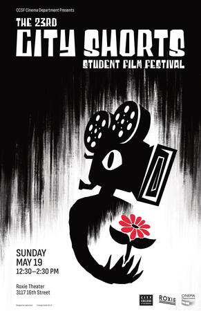 A black monster created out of an old film projector, depicted holding a red flower in its claw.