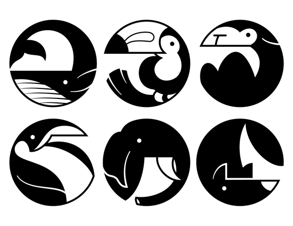 A set of 6 black and white symbols, each representing an animal from a different biome: a whale, toucan, camel, penguin, elephant, and wolf. Every animal is confined in the same circular shape; parts of each animal are used to create the circumference of t